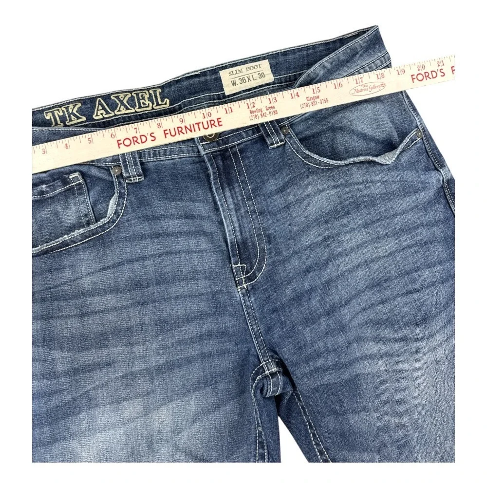 TK Axel Men's Slim Boot Cut Jeans 36x28 Medium Wash Embroidered Pockets Denim